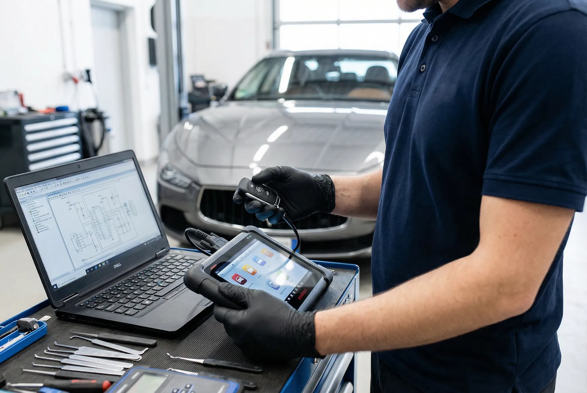 Locksmith programming a vehicle key beside diagnostic equipment