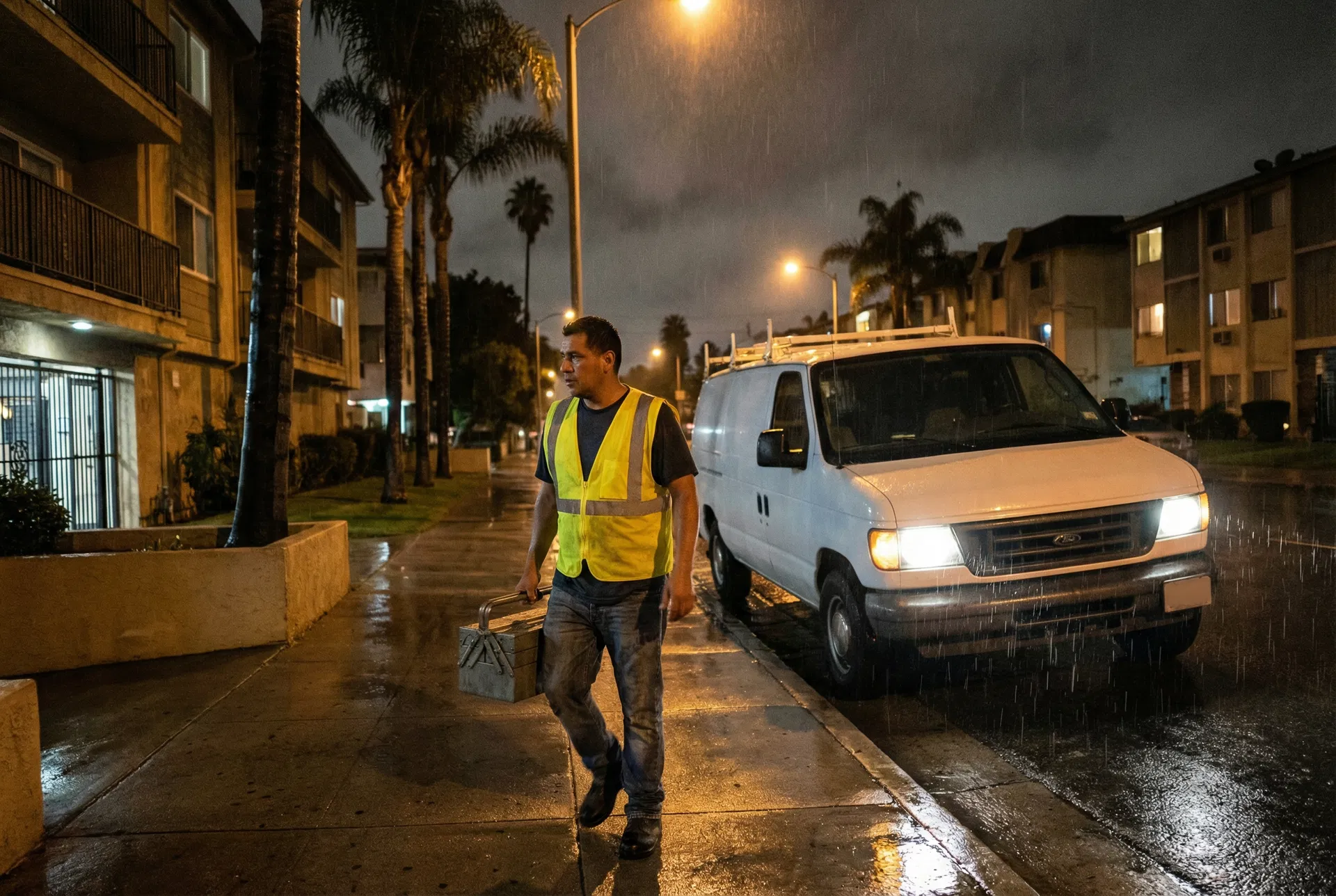 Mobile locksmith technician beside a service van on a Los Angeles street at night