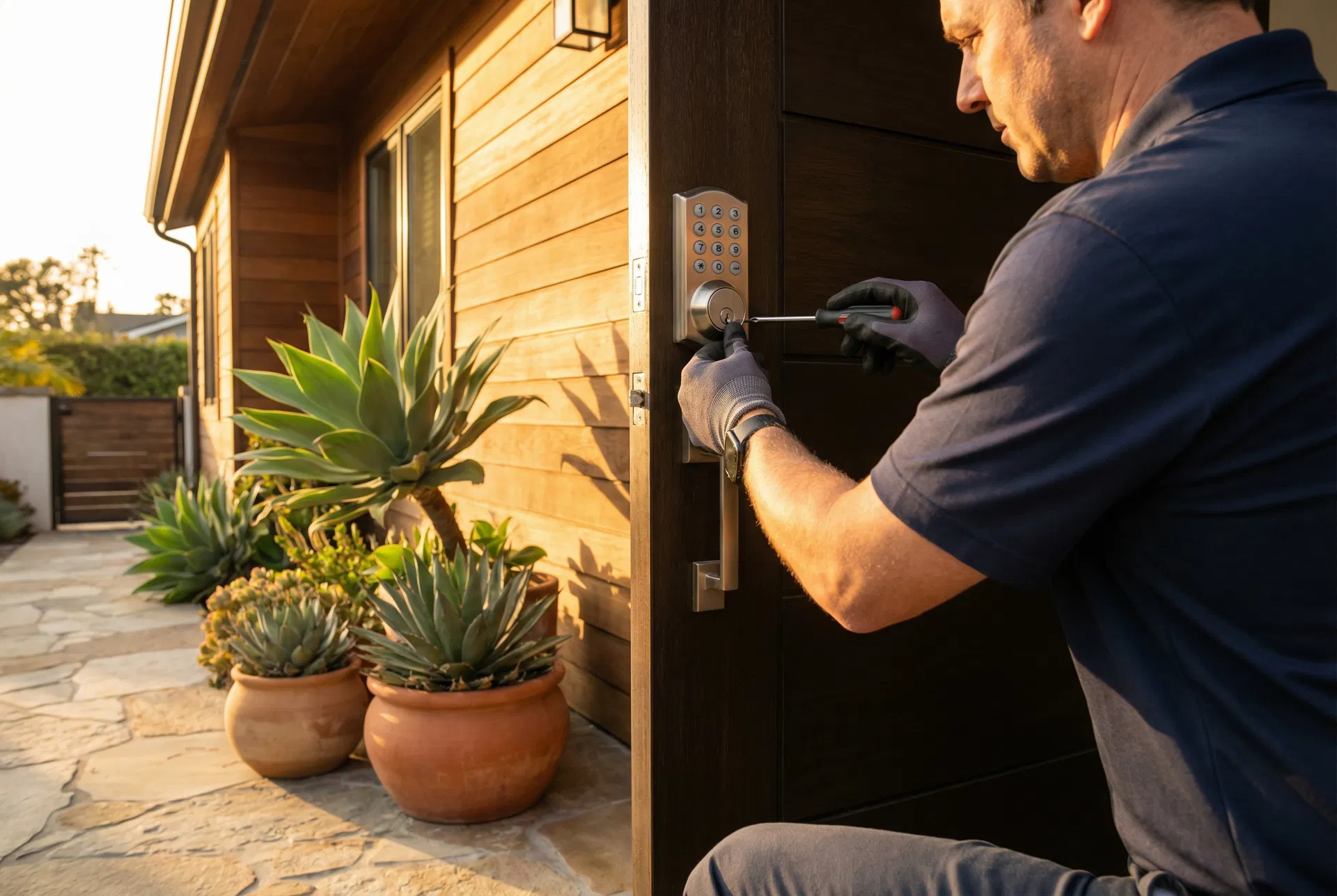 Locksmith servicing a residential keypad lock